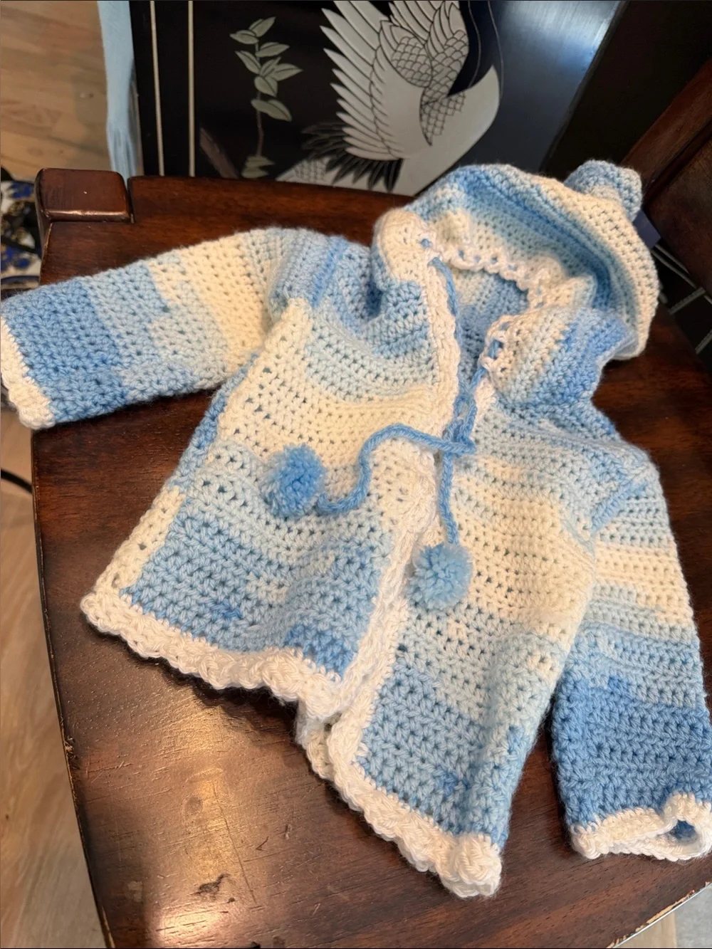 Handmade Blue and White Crocheted Hooded Coat